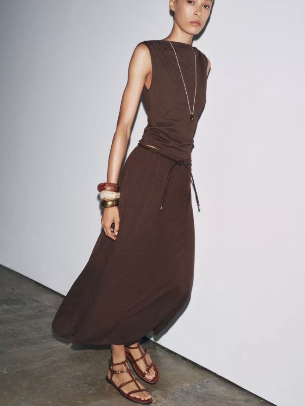 Zara Knit Midi Skirt With Contrast Belt Brown Size Small  2298/524/700